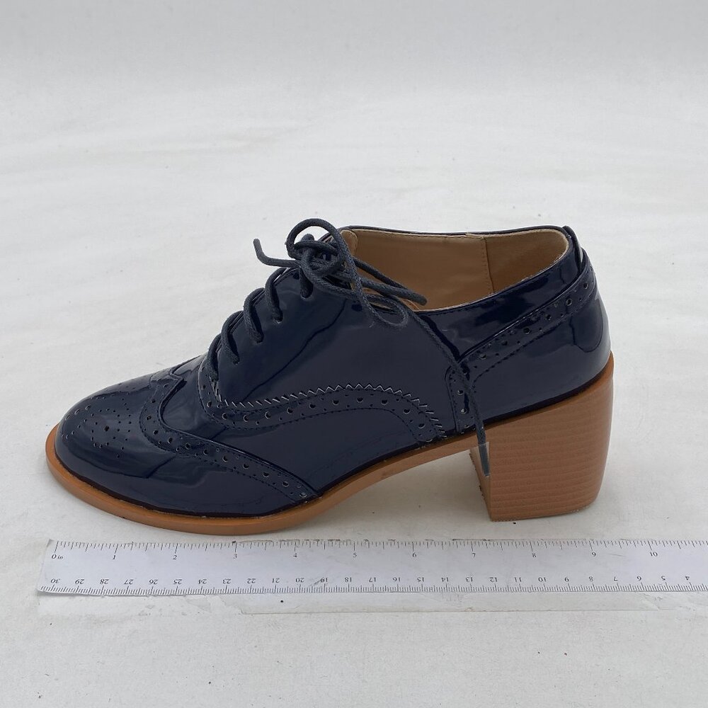 FOWT Navy Perforated Lace-Up Oxfords Almond Toe Mid Chunky Heel Derby Shoes